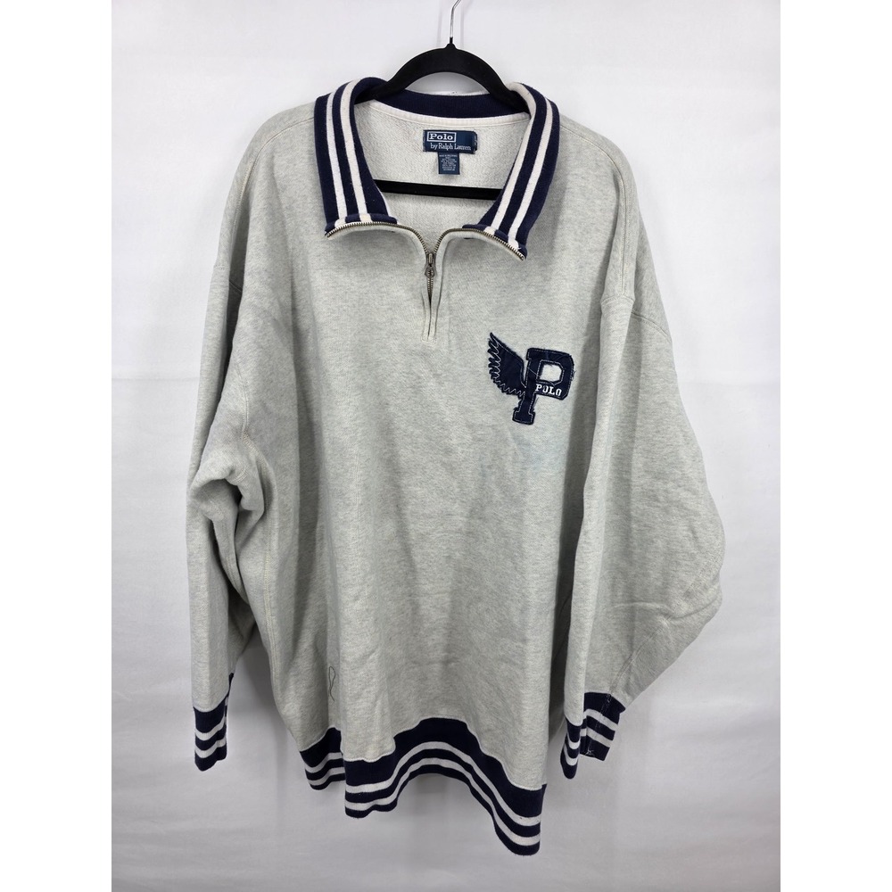 Polo Ralph Lauren Mens 3XL Big Winged P Patch Quarter Zip Sweatshirt Gray Navy